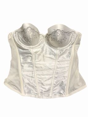90s/Y2K European Vintage Satin Boned Strapless Corset Floral Embroidery Ivory S